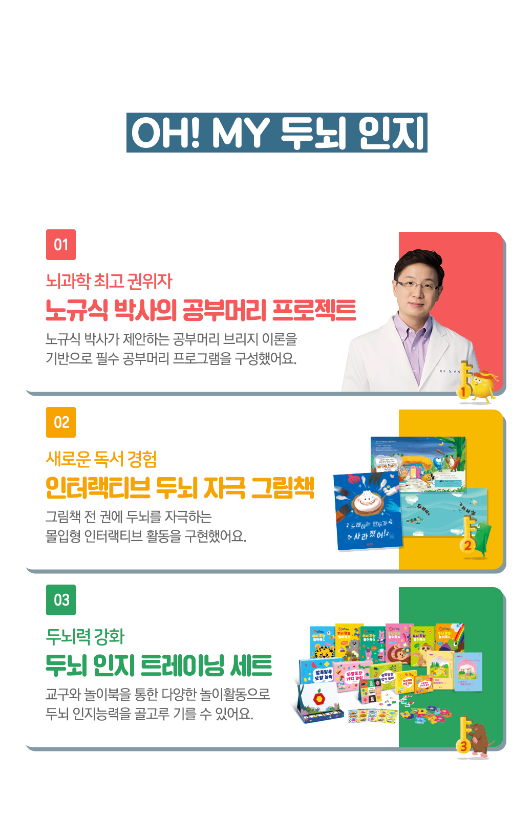 왜 오마이 두뇌 인지 그림책을 선택해야 할까요? 첫째,뇌과학 최고 권위자 노규식 박사가 말하는 공부머리 브리지 이론을 담은 책, 둘째, 몰입형 인터랙티브 활동을 구현한 인터랙티브 두뇌 자극 그림책, 셋째, 교구와 놀이북을 통해 다양한 놀이활동으로 두뇌 인지 능력을 골구르 기를 수 있어요.